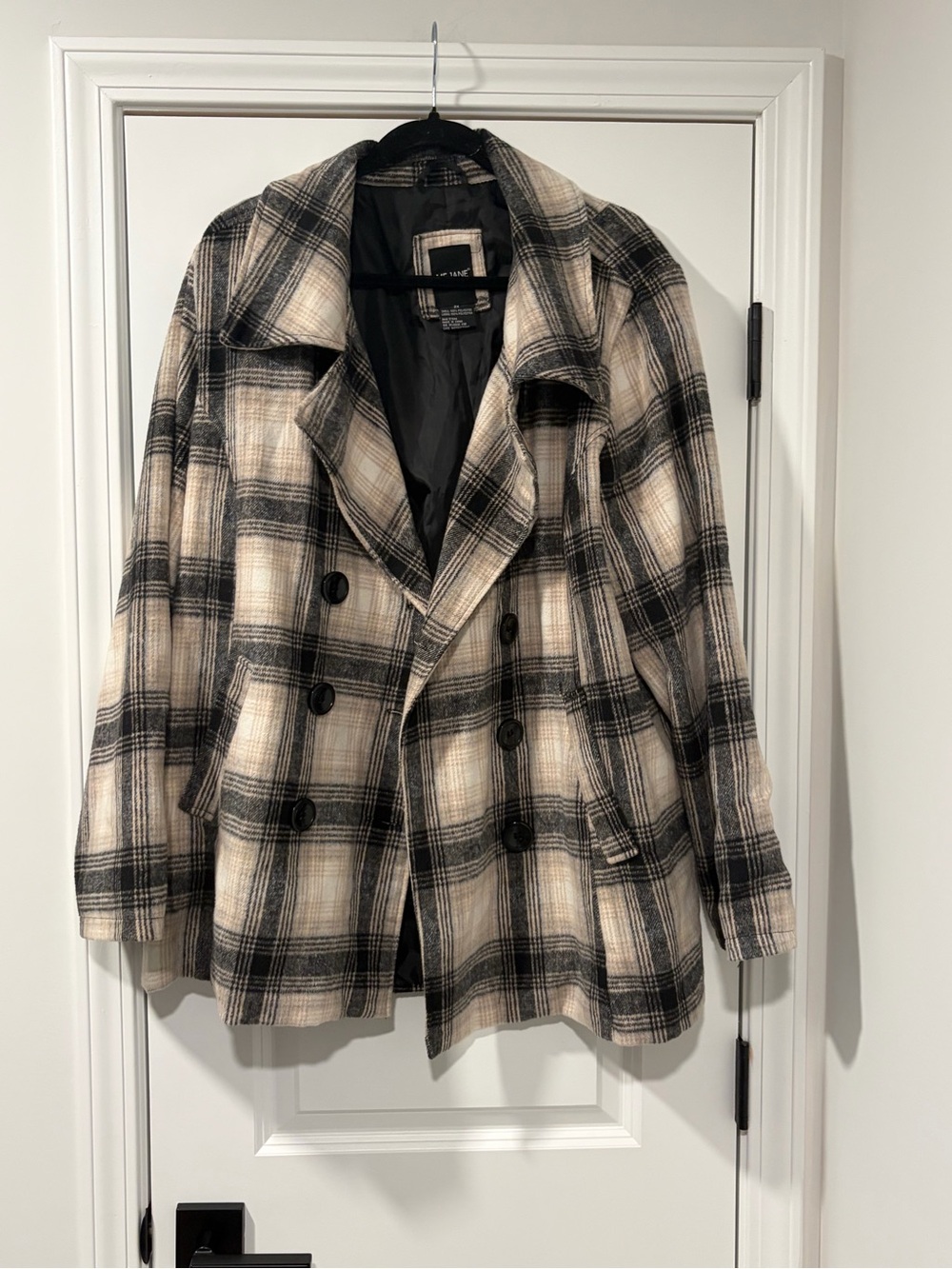 Me Jane Black and Cream Plaid Double-Breasted Pea Coat